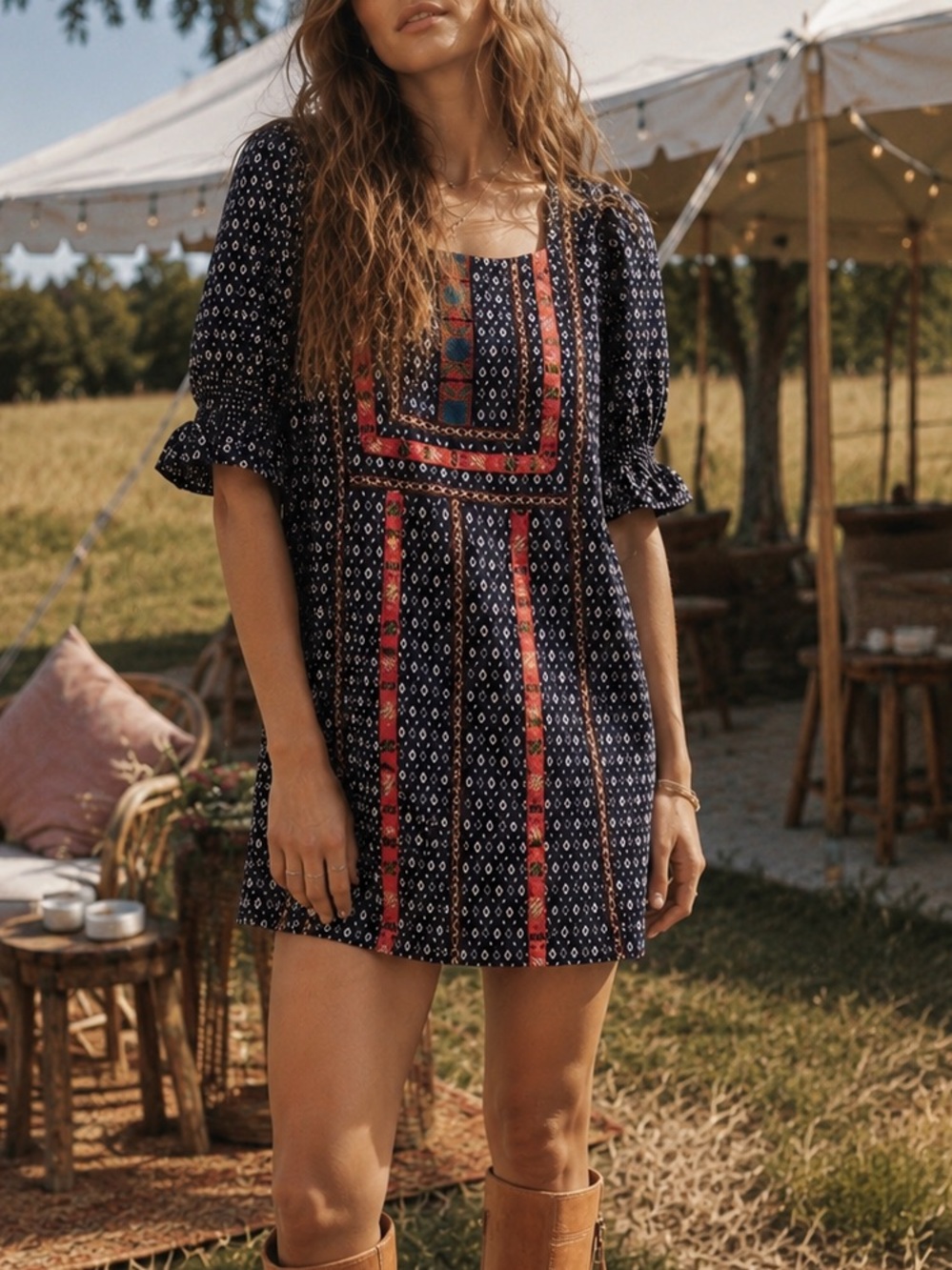 Anthropologie Akemi + Kin Embroidered Boho Mini Shift Dress Navy Size Small